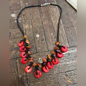 Red CORAL AND AMBER BEADS and Black  Necklace 16” round